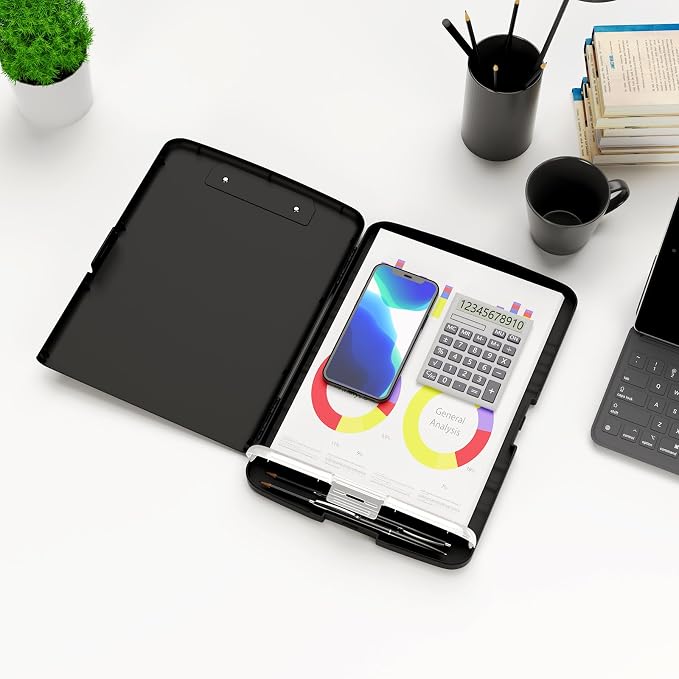 Hongri Clipboard with Storage with Pencil Case, 8.5 x 11 Storage Clip Board | High Capacity Organization Box for A4 Letter Legal Paper, Heavy Duty Folio & Side-Opening for Nurses, Teachers, Black