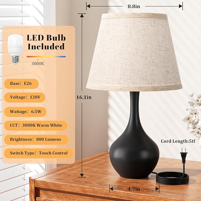 16.1" Touch Table Lamp for Nightstand, 3 Way Dimmable Small Bedroom Lamp | Touch Control, Bulb Included, Black Bedside Lamps for Desk, Night Stands, Living Room, End Table, Corded