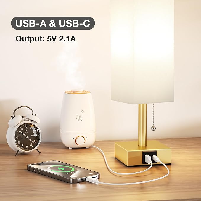 Gold Bedside Table Lamp for Bedroom - Desk Lamp For Nightstand, USB C+A | Pull Chain Lamp, 3 Color Modes(3000K/4000K/5000K), E26 LED Bulb Included, Square White Fabric Lampshade, for Read, Work, Dorm