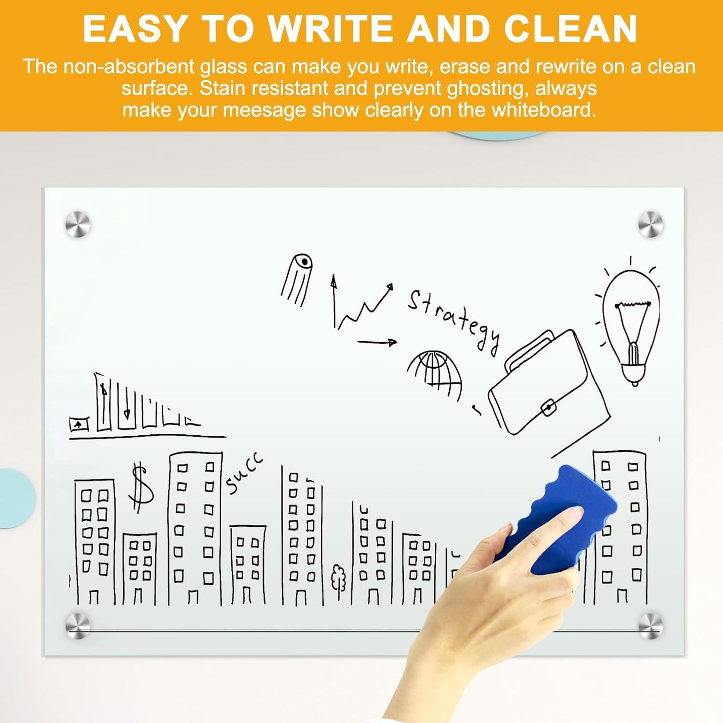 H-Qprobd Dry Erase White Board for Wall 72"x40" Magnetic Glass Frameless Whiteboard Mount for Home School Supplies or Home Office Decor, Includes 8 Magnets, 8 Markers and 2 Erasers