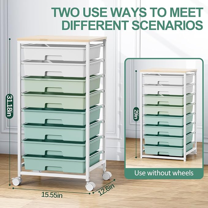 Storage Cart with 8 Drawers, Utility Cart with White Drawers and Wooden Tabletop, Craft Cart, Teacher Organization for Classroom, Storage Furniture, Office Organization, Green | Utility Cart on Wheels with Wooden Tabletop,Teacher Organization for Class...
