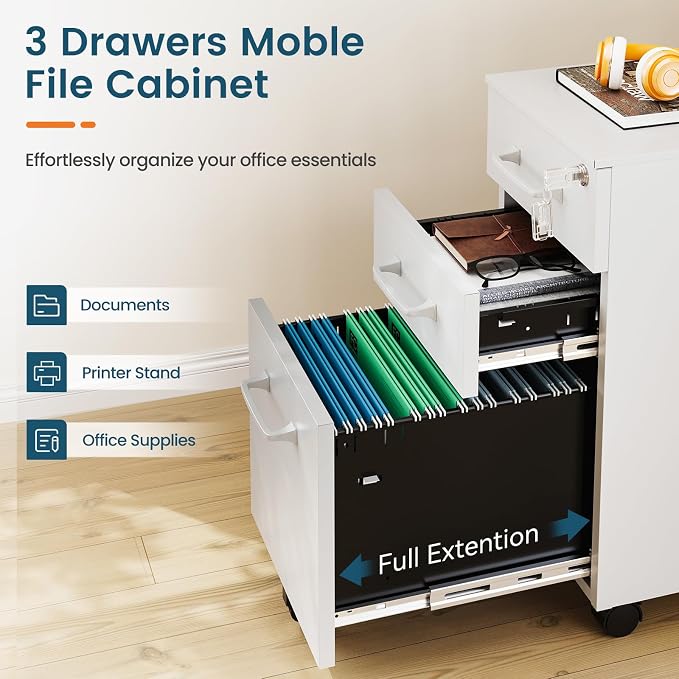 MIIIKO White Filing Cabinet 3 Drawers Under Desk, Metal File Cabinet with Lock for Home Office, Small Mobile File Cabinet for Letter Legal File Folders（Un-Assembled）