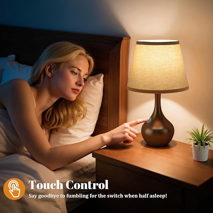 16.1" Touch Table Lamp for Nightstand, 3 Way Dimmable Small Bedroom Lamp | Touch Control, Bulb Included, Brown Bedside Lamps for Desk, Night Stands, Living Room, End Table, Corded