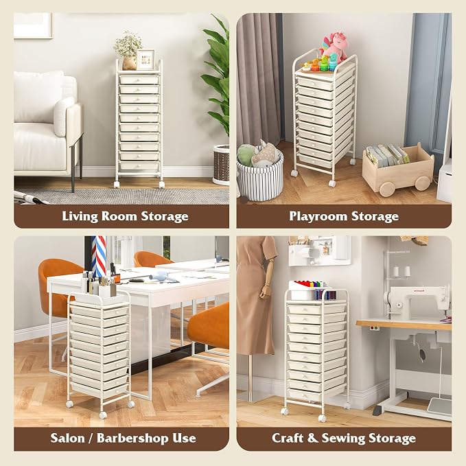 COSTWAY 10-Drawer Rolling Storage Cart, Utility Mobile Trolley | Removable Drawers & Universal Casters & 2 Brakes, Versatile Flexible Drawer Organizer Cart for Home, Office (White)