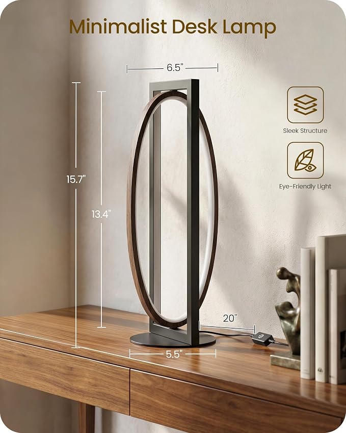 Modern LED Table Lamp, Dimmable Minimalist Bedside Lamp, 3 Color Temperatures, Angle Adjustable, Cute Desk Lamp, Nightstand Lamp for Living Room, Bedroom, Office, Black and Walnut K62TL05