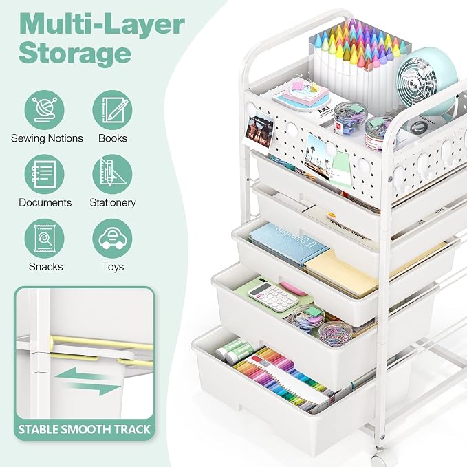5 Drawer Rolling Storage Cart with Pegboard Top and Hooks, White | Mobile Utility Organizer with Wheels for Office Supplies, Craft Storage, Classroom Organization, Home Storage Cart