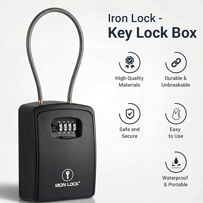 Iron Lock® XXL Portable Key Lock Box, 15in Steel Cable, Code (XXL, Black) | Holds 20-30 keys + car fobs; unique built-in tray; loops on gate or rail or wall-mounts; resettable code; dial cover