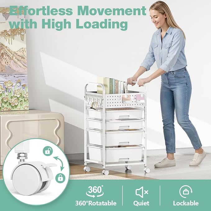 5 Drawer Rolling Storage Cart with Pegboard Top and Hooks, White | Mobile Utility Organizer with Wheels for Office Supplies, Craft Storage, Classroom Organization, Home Storage Cart