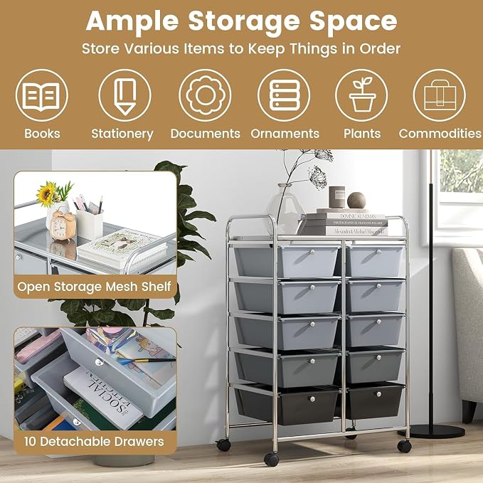 10 Drawer Rolling Cart, Storage Cart Organizer on Wheels, Drawer Cart with Metal Frame & Large Storage Capacity, Rolling Cart with Drawers for Living Room Classroom, Office