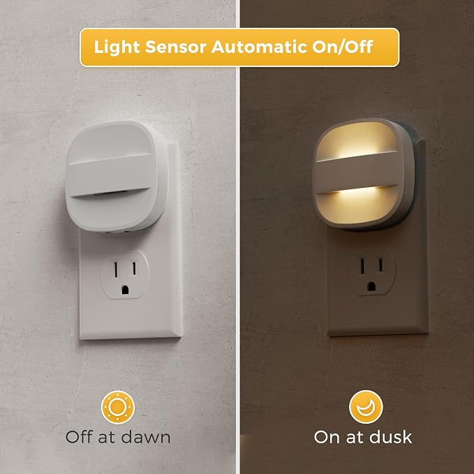 L LOHAS LED Night Lights Plug into Wall, Dimmable Night Light with Dusk to Dawn Sensor, Nightlight for Bathroom Night Light, Hallway, Kitchen, 3000K Soft White, Foldable, 4 Pack
