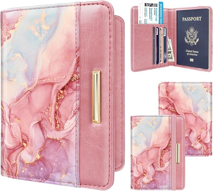 Coco Rossi Passport Holder for Travel Women Slim RFID Passport Cover Wallet | Travel Essentials, Passport Book Holders, Passport Wallet Cover Case, PU Leather, Cute, Thin, Spliced Design, Pink Marble