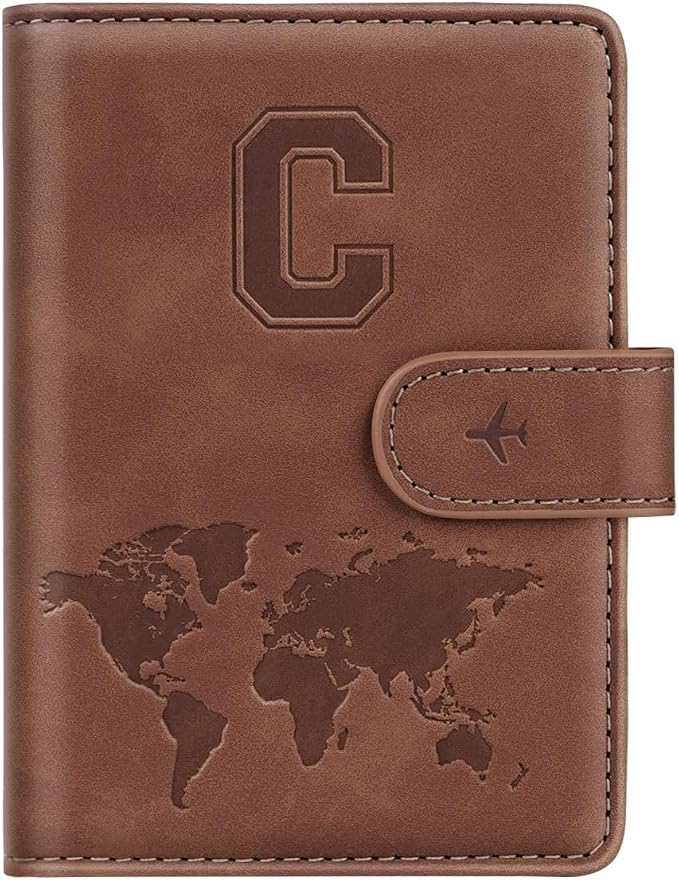 Passport Holder Wallet Cover Personalized Initial Travel Essentials | Embossed Letter A-Z Design, Travel Wallets, RFID Blocking, Passport Book Holders, Women Men, Personalized Gifts, Brown-C