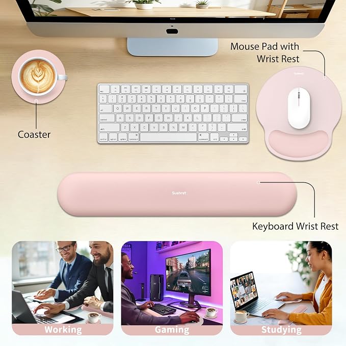Mouse Pad and Keyboard Wrist Rest, 3-in-1 Gel Memory Foam Ergonomic Mouse Pad with Wrist Rest Set, Gaming Mousepad Arm Cushion Support for Computer Office Desk Accessories Cute Setup, Pink