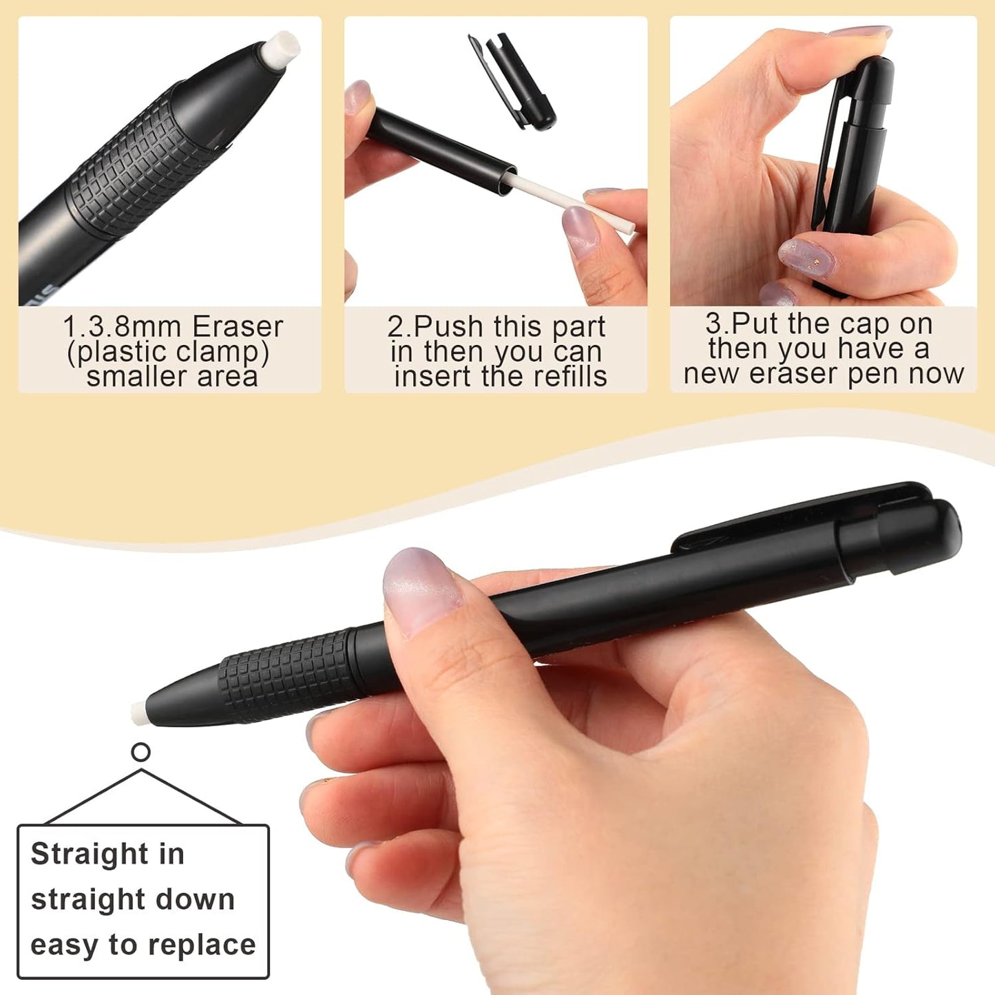 Eersida Retractable Eraser and Refill Mechanical 3.8 mm Pen Style Art Erasers for Artists Drawing Painting, Students Teacher Adult Office School Home(4 Packs)
