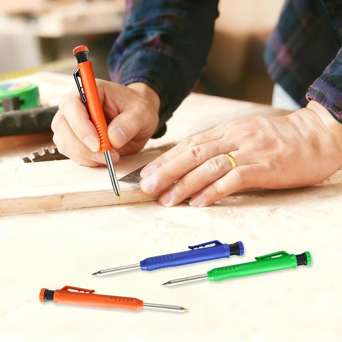 12 Pcs Solid Carpenter Pencils with Built in Sharpener Long Nosed Deep Hole Mechanical Pencil Marker Construction with 72 Pcs 2.8mm Refills for Drafting Architect Tool Woodworking