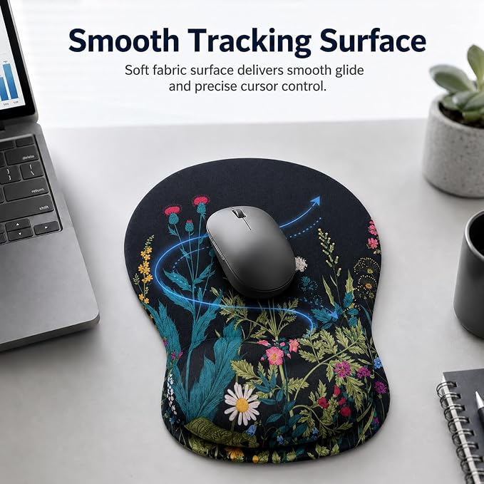 Mouse Pad with Wrist Rest Ergonomic Memory Foam Support, Non-Slip Rubber Base, Comfortable Typing Cushion for Home Office Computer Laptop, Flowers Grass