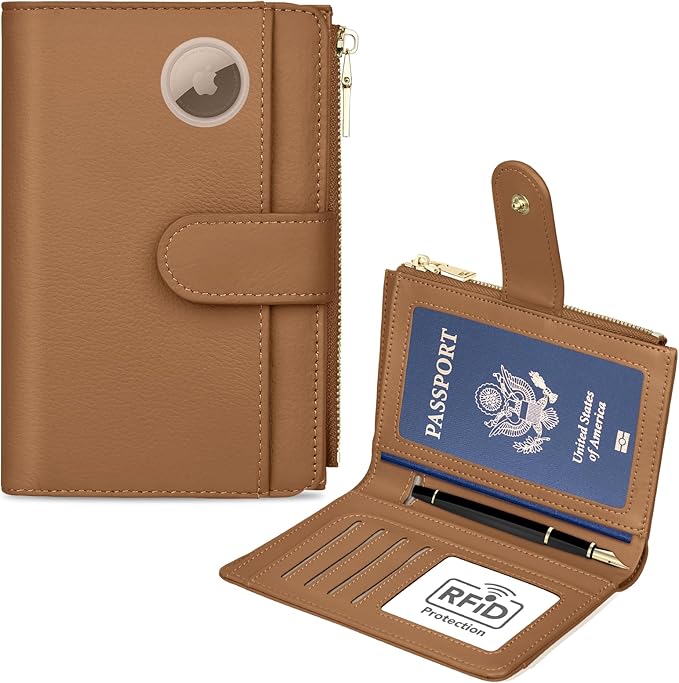 RFID Passport Holder for Travel, Leather Passport Wallet Cover with Airtag | with Airtag Slot, Card Cash Holders, Zippered Coins Pocket, for Women/Men, Gift Box, Travel Essentials, 4.1"L x 1"W x 6.3"H
