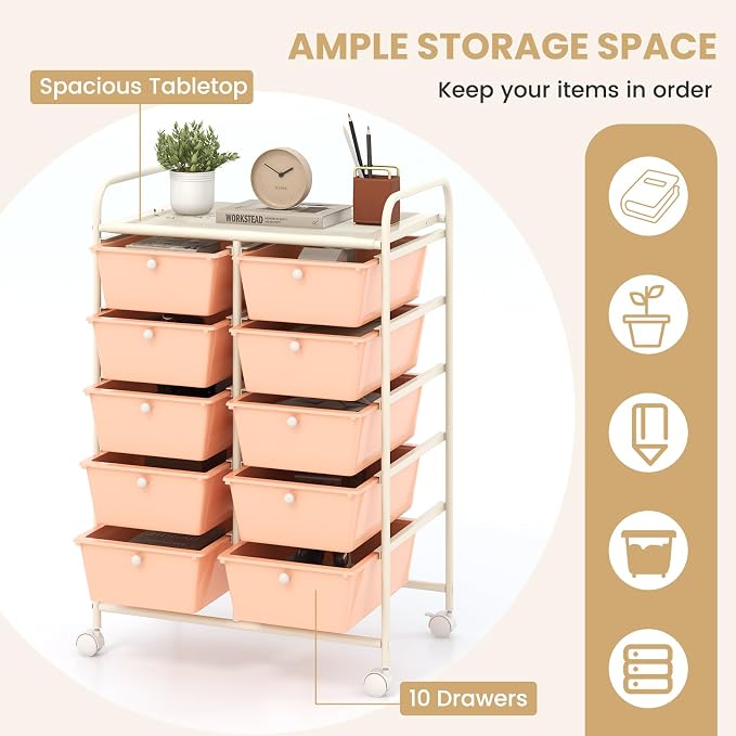 10 Drawer Rolling Cart, Storage Cart Organizer on Wheels, Drawer Cart with Metal Frame & Large Storage Capacity, Rolling Cart with Drawers for Living Room Classroom, Office