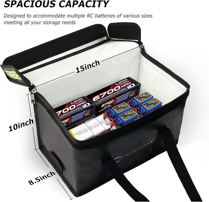 Lipo Battery Bag (15 x 8.5 x 10 inch), Large Fireproof Lipo Ebike Bag with Comfortable Handle, Reflective Strip