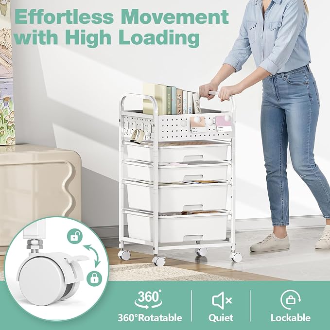 SYKIARIOL 4 Drawer Rolling Storage Cart with Pegboard Top and Hooks, White | Mobile Organizer Cart with Wheels for Office Supplies, Craft Storage, Classroom Organization, Home Utility Cart