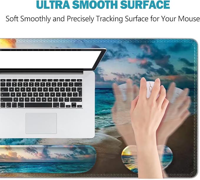 ToLuLu Mouse Pad, Memory Foam Ergonomic Keyboard Mouse Wrist Rest Support | Large Extended Gaming Desk Mat with Stitched Edges, Non-Slip Base Mousepad Set for Home Office Game and Study, Beach Sunset
