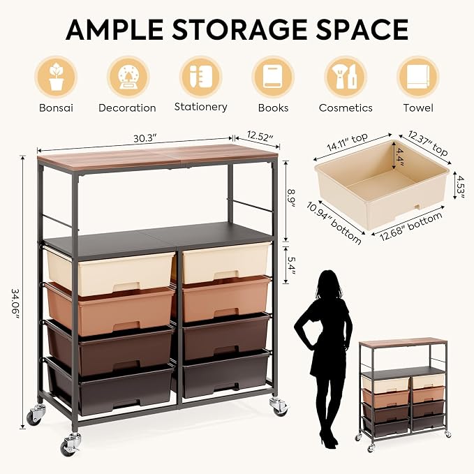 Rolling Storage Cart with 8 Large Drawers, Wooden Tabletop | Open Storage Shelves, Mobile Craft Organizer with Lockable Wheels for Home, Classroom, Office Supplies & Art Studio,Brown