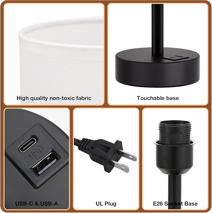 Dicoool Bedside Table Lamp for Bedroom - 3-Way Dimmable Touch Lamp, USB A+C | LED Bulb Included, 14" Small Nightstand Lamp for Desk, Living Room, Guest Room, White Fabric Lampshade, Black Metal Base