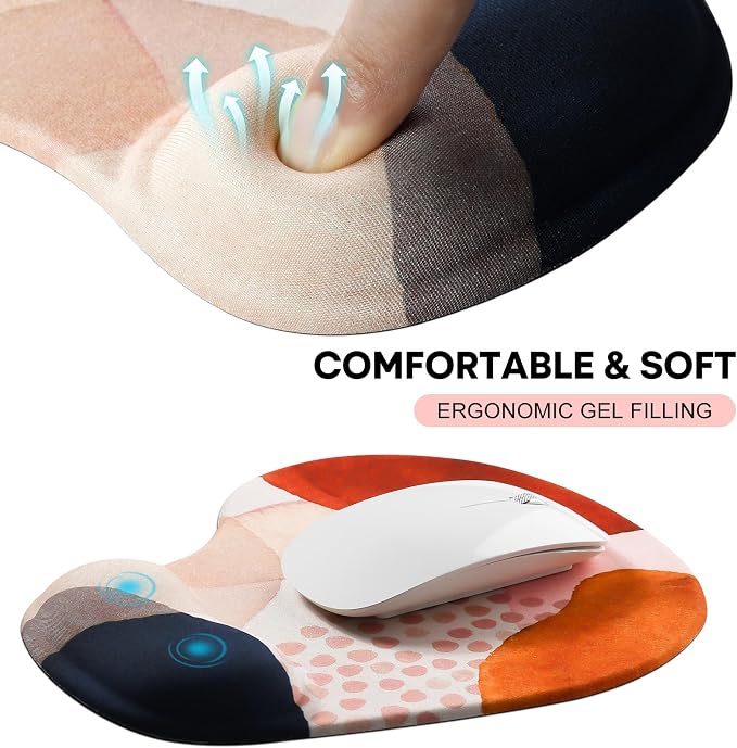 JIKIOU Ergonomic Mouse Pad with Gel Wrist Rest 2 Pack, Portable Small Boho | Upgraded-Prevent Gel Leakage, Ergonomic Design for Pain Relief, Cooling Gel filled, Smooth Lycra Surface, Non-Slip PU Base