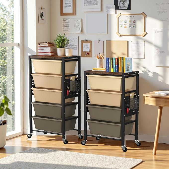 Rolling Cart with 3 Drawers, Plastic Drawer Storage Carts with Lockable Wheels & Wooden Tabletop, Metal Utility Cart Organizer, Office Bedroom Classroom Craft Organization and Storage, Dark Brown