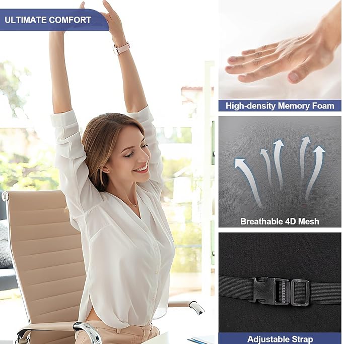 Cooling Lumbar Support Pillow for Car, Memory Foam Car Back Cushion | Cool-Touch Car Seat Back Pillow for Driving, Adjustable Strap, Cool-Touch Ergonomic Lower Back Support Pillow, Office Chairs