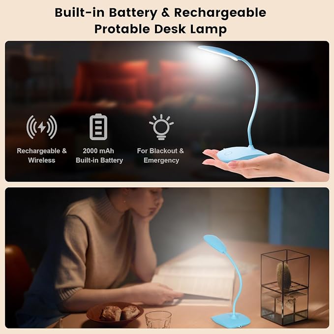 Portable Battery Powered Desk Lamp Small Rechargeable LED Table Light | 400 Lumen Eye Care,3 Color Temperatures,Stepless Touch Dimming,360° Adjustable for Nail Study Dorm Office Bedroom,Blue 1 Pcs