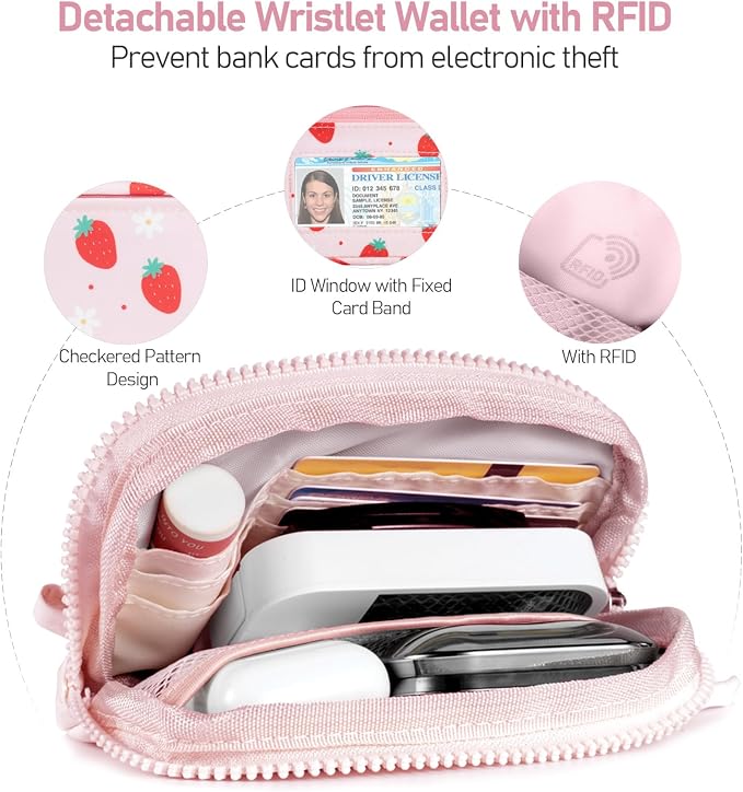 Tiostep Clip and Go Strap for Phone with Wallet Crossbody Phone Lanyard Adjustable and Detachable RFID Wristlet Wallet (Strawberry, Medium)