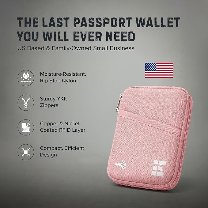 Zero Grid RFID Passport Holder for Passports & Cards, Zippered, Pink | Zippered Travel Wallet for Men & Women, Fits Passport, Cards, Cash, ID, Sim Card; Compact Travel Document Holder, Rose Pink