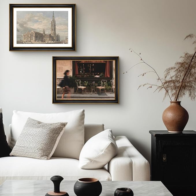 Golden State Art, 13x19 Photo Frame With Mat for Pictures 11x17 and Real Glass (Black With Antique Gold Trim - White Color Mat, 1.25 Inch Frame Border)
