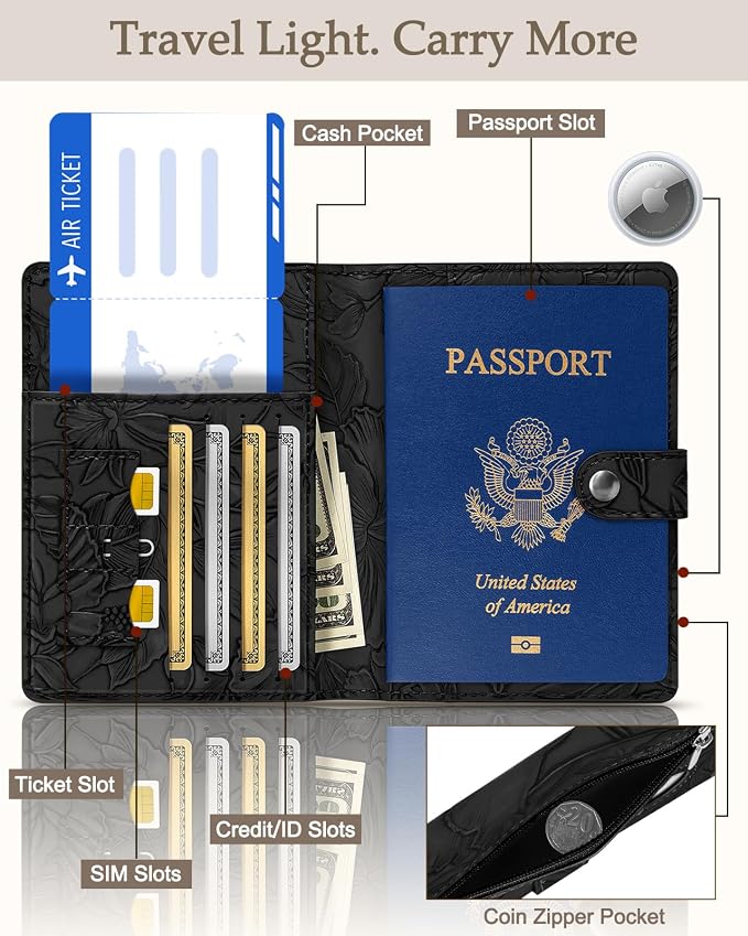 Slohif Elegant RFID Passport Holder for Travel with AirTag Matte Black | Floral Embossed Passport Wallet for Women, Slim Vegan Leather Travel Organizer with Money Pocket and Card Slots