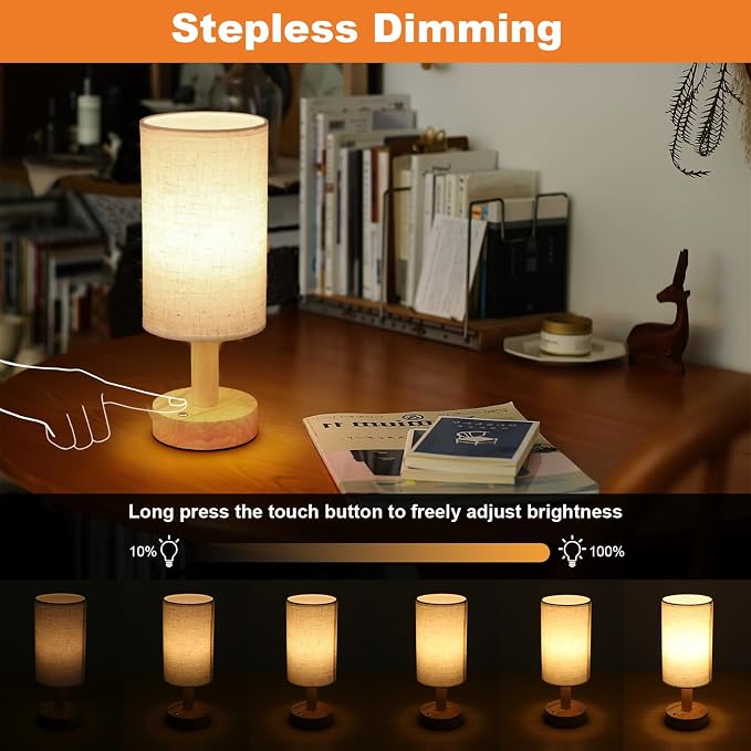 Rechargeable Cordless Touch Table Lamp with Stepless Dimming,Natural Wood Base&Linen Shade,Small Battery Wireless Ambient Night Light for Bedroom,Bedside,Nightstand,Nursery,Kitchen,Camping,Outdoor