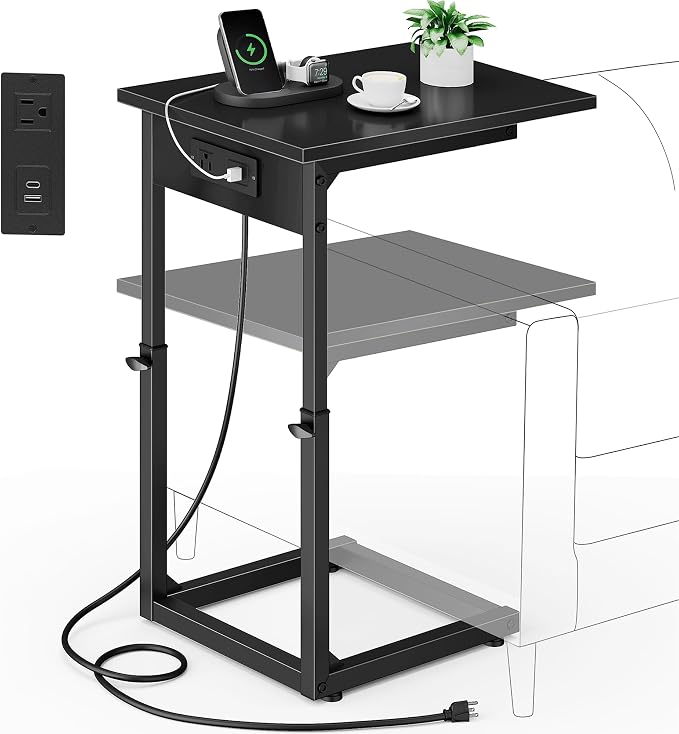 C Shaped End Table with Charging Station, 33"Tall C-Table End Table Adjustable Height Side Table for Couch, Couch Table That Slide Under Sofa Table TV Tray Table for Living Room,Bedroom,Black