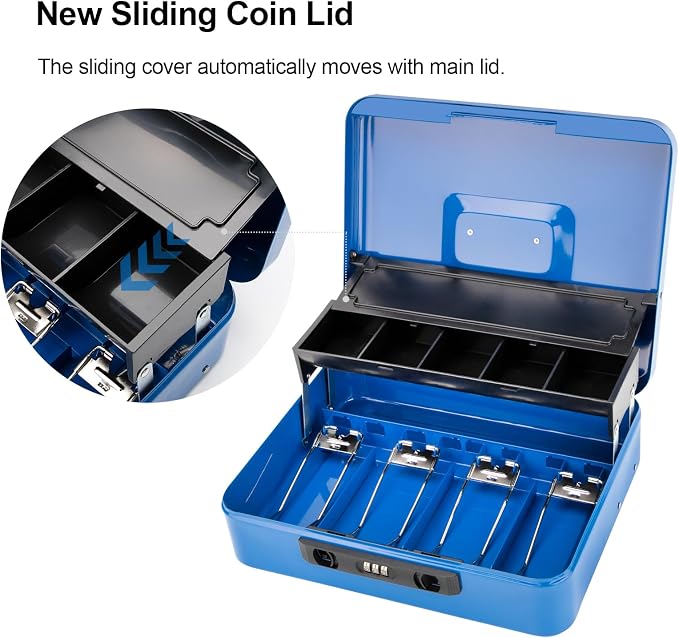 Jssmst Locking Cash Box with Coin Lid, 11.8L x 9.5W x 3.5H Inches, Latch Safe Money Box with Combination Lock, Blue