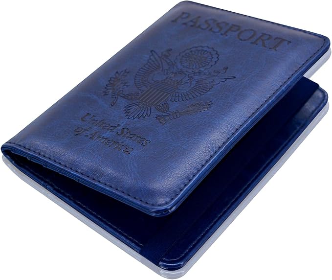 ACdream Passport Holder Cover, Leather Travel Wallet Case, RFID Blocking Document Organizer Protecrtor, with Slots for Credit Cards, Boarding Pass, for Women and Men, Navy Blue