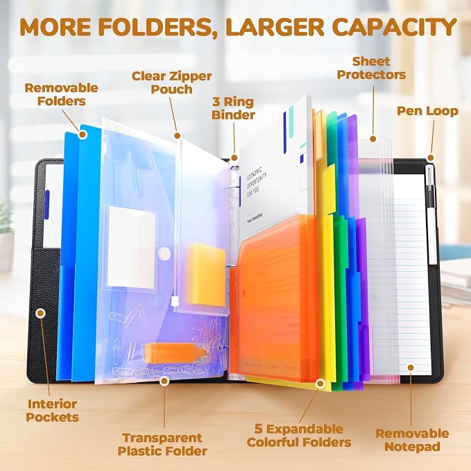 JoyCat 3 Ring Binder Clipboard with Storage, 5 Folders, Black | 3 ring clipboard portfolio combines five expandable folders, a refillable letter-size notepad and storage