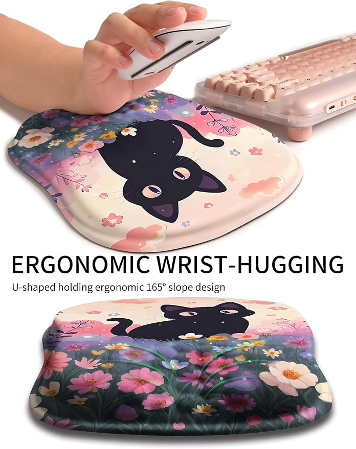 Hokafenle Ergonomic Wrist-Hugging Mouse Pad Wrist Support, U-Shaped Holding Wrist Rest Mousepad for Carpal Tunnel Pain Relief with Cushioned Memory Foam Slope Massage Bulge (10.2x8.3 in,Flower Cat)