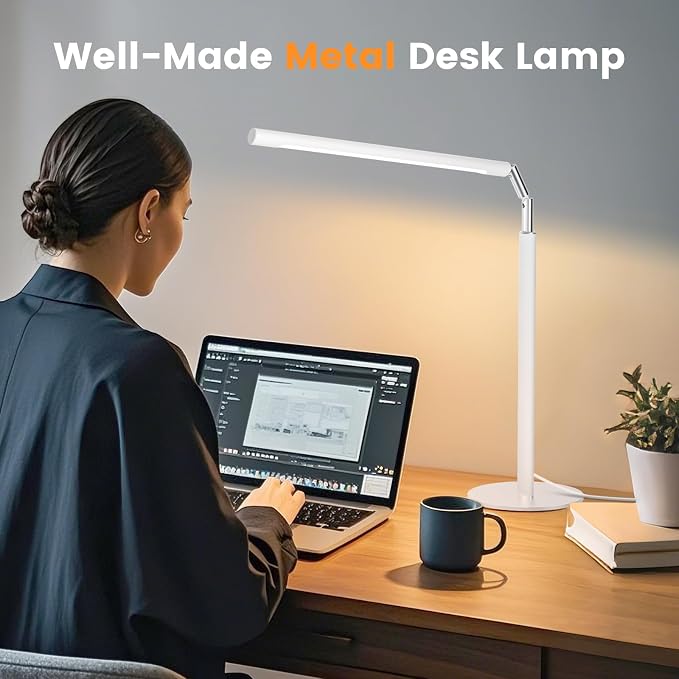 White LED Desk Lamp, 16" Dimmable Metal Desk Light with Base, 15W 1200LM, Adapter Included, Color & Brightness Adjustable, Modern Tall Table Lamp for Home Office Reading Study Task Laptop