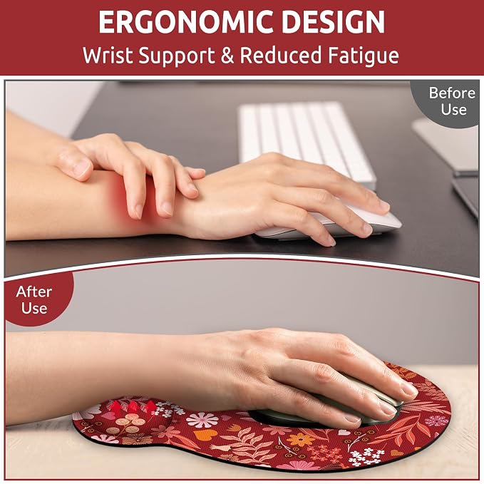 KONVINIT Ergonomic Mouse Pad with Wrist Rest, Small Mousepad with Non-Slip Rubber Base and Smooth Surface, Red Mouse Pads for Desk, Office Desk Accessories
