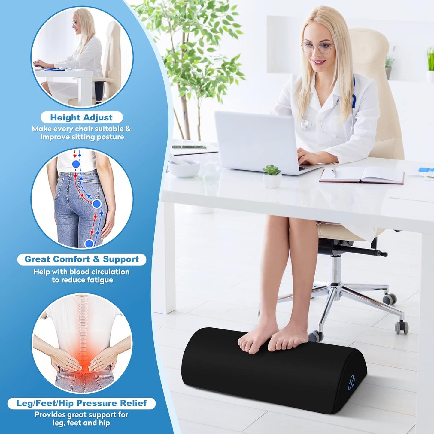StepLively Foot Rest Ergonomic Pillow for Under Desk at Work, Anti-Fatigue Footrest Support Pillow for Fatigue & Pain Relief, Comfortable for Office Chair, Car Seat & Gaming Chair - Black