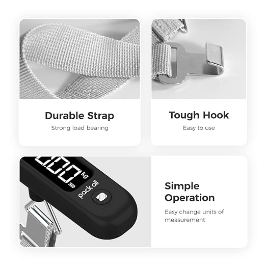 pack all Digital Luggage Scale for Travel, 110Lbs Capacity, 0.1Lb Precision | Handheld, Backlit LCD Display, Lb/Kg/Oz Conversion, Tare Function, Battery Included, Black