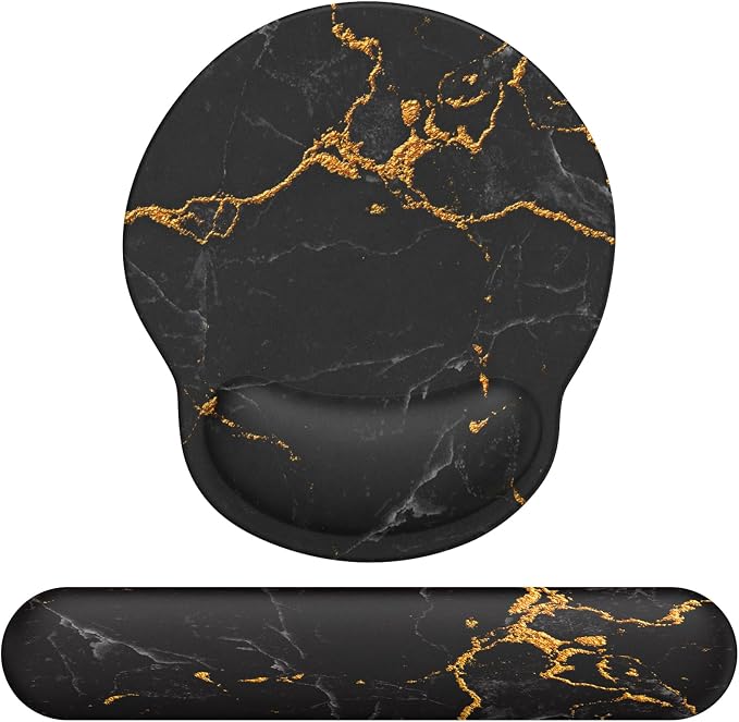 Mouse Pad Wrist Support, Ergonomic Memory Foam Keyboard Wrist Pad & Gel Wrist Rest Set for Computer Keyboard for Easy Typing & Pain Relief for Office & Home (Black Marble Set)