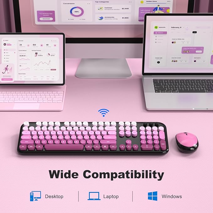 MOFII Wireless Keyboard and Mouse Combo, Full Size 2.4G Retro Round Computer Keyboard and Mouse Set, Plug and Play, for Windows, Computer, Desktop, PC, Notebook - (Black Pink Gradient)