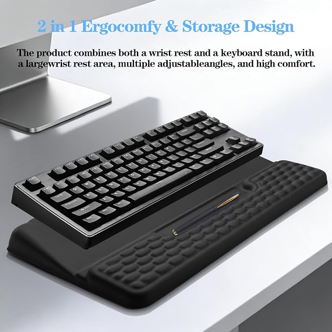 Ergonomic Keyboard Stand with Wrist Rest, Computer Wrist Support Pad | Comfy Tilted Keyboard Riser Holder Wrist Pad for Pain Relief, Soft Memory Foam Desk Cushion for Office Home