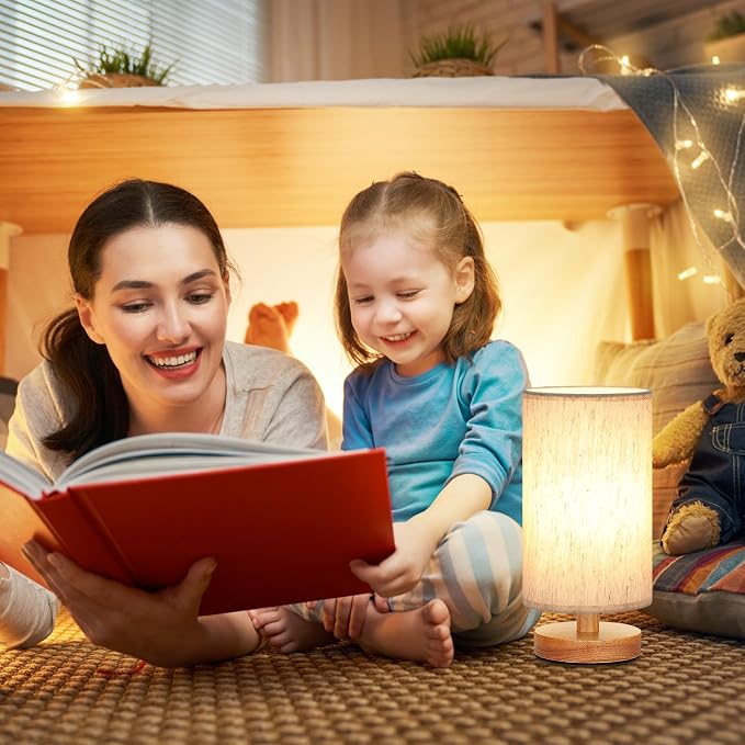 9" Small Table Lamp for Bedroom - Inline Control with 3000K Blub | Cream Shade and Wood Base | 680 Lumens | Easy Assembly | Minimalist Design | E26 | for Kitchen | for Kids Room