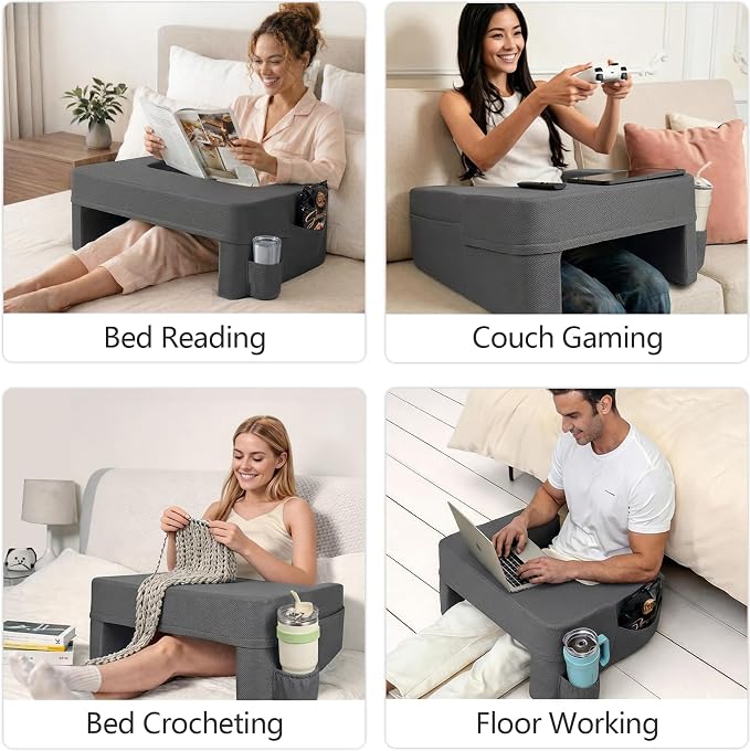 septsun 26" Extra Wide Lap Desk Pillow, Laptop Desk for Couch and Bed | Dark Gray Large Soft Foam Workstation with Ergonomic Armrest Elbow Relief; Mouse-ready Fabric, Cup Holder, Sofa Gaming